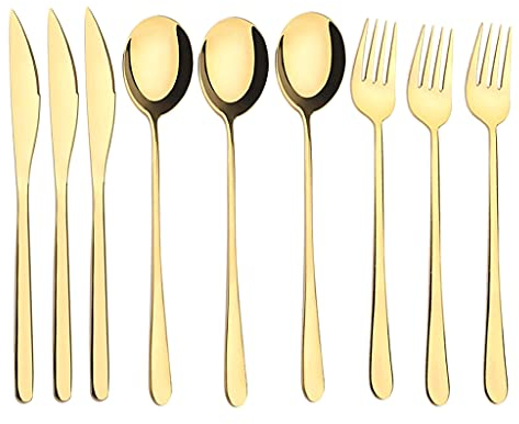 Jingyukj Couverts de table Ensemble de Couverts de Service en or 9Pièces,Acier Inoxydable couvert or Ensemble d'ustensiles, Un Service 3 Personnes Cuisine Couverts de Camping (d'or)