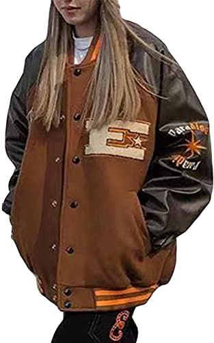 ORANDESIGNE Bomberjacke Damen Sweatjacke Ladies College Sweat Jacket Reißverschluss Für Frauen Oversized Patchwork Jacke Vintage Druck Jacken Baseball Mantel Sport Jacke
