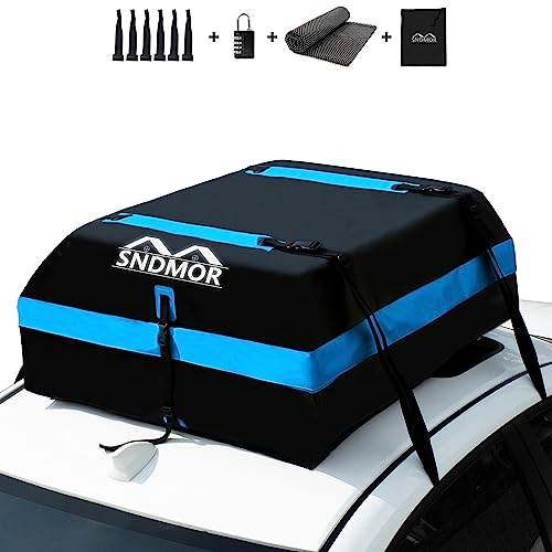 SNDMOR Dachboxen, 425L/15 Kubikfuß Wasserdichtes Dachgepäck, Dachgepäcktransporttasche, Passend für Alle Fahrzeuge Mit/Ohne Gepäckträger, Inklusive Antirutschmatte+ 4 Verstärkungsgurte + 6 Türhaken