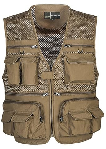 HZQIFEI Herren Outdoor Ärmellos Weste Freizeit Angler Camping Wandern Weste mit Vielen Praktischen Taschen MJ08 (Khaki, XXL)