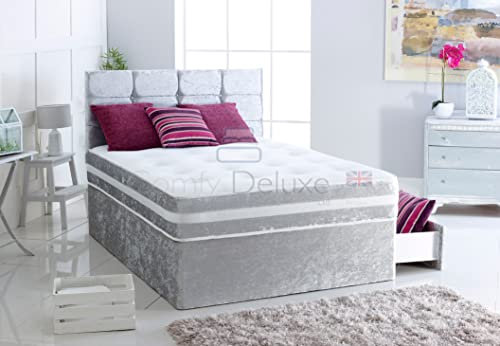 Crushed Velvet Divan Bed Set With Memory Foam Sprung Mattress And Cube Headboard | Storage Drawers Available | Complete Divan Bed Set (Black, 4FT6 Double 0 Drawer)