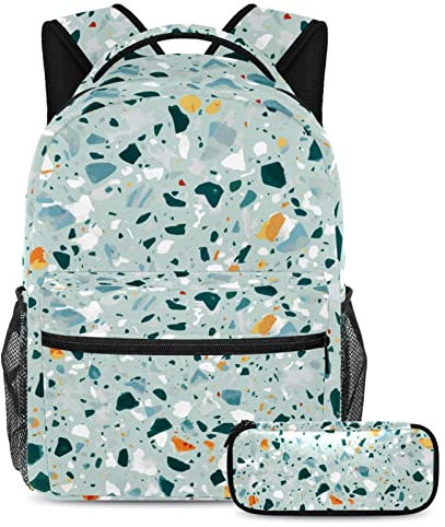 Schulrucksack mit Federmäppchen für Teenager, Mädchen, Jungen, Reise-Schultertasche für Männer und Frauen, Terrazzo-Bodenbelag, mehrfarbig