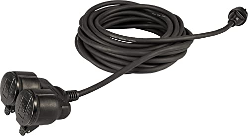 Meister Schutzkontakt-Verlängerung - mit Doppelkupplung - 10 m Kabel - Gummischlauchleitung - IP44 Außenbereich - schwarz / Kupplung mit Berührungsschutz / Schuko-Verlängerung / 7435030
