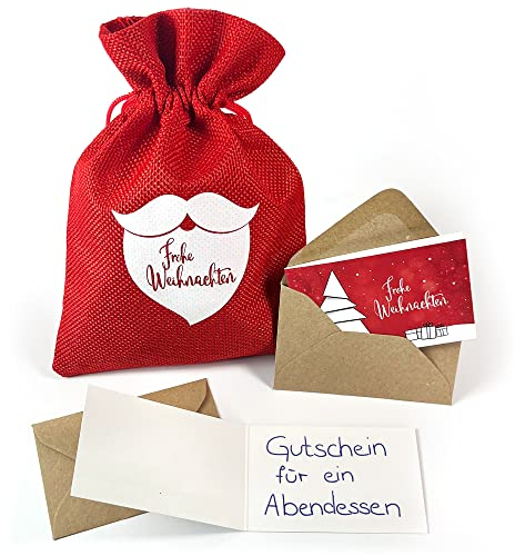 beriluDesign Gutschein-Säckchen mit 12 Klappkarten zum Beschreiben und 12 Briefumschlägen aus Kraftpapier für Weihnachten