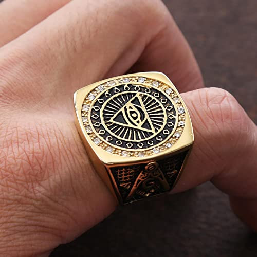 XJruixi Vintage Mason Masonic Ring Crystal Mens Ring Punk Heavy Duty Stainless Steel All Seeing Eye Ring Biker Jewelry Gift