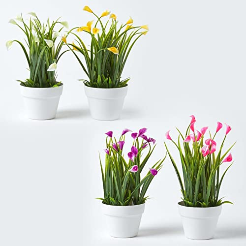 HOMESCAPES Set of 4 Artificial Calla Lily Flowers Pink Purple & White Faux Calla Lilies Potted Plant in White Pot, 25 cm Tall