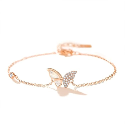 Armband Rosegold Damen, Verstellbar aus 925er Sterling Silber mit Zirkonia Herz Schmetterling Anhänger Schmuck Geschenke 15-20cm