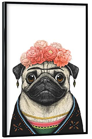 artboxONE Poster mit schwarzem Rahmen 30x20 cm Tiere Mops Frida - Bild mops Blume Digitale malerei