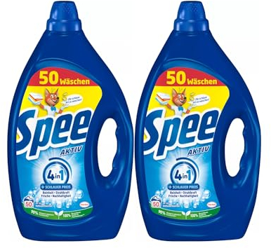 Spee Aktiv Gel Universal 4 + 1 Waschmittel 100 WL (2 x 50 Waschladungen), Flüssigwaschmittel mit 4 + 1 Formel vereint Reinheit, Strahlkraft, Frische & Nachhaltigkeit, 20° - 95° C