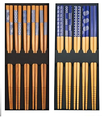 10 Paires Baguettes en Bois Massif à Pointe Japonaise pour la Maison - Multicolore Réutilisables Baguettes Lavables au lave-vaisselle, Bâtons Chinois, 22,5 cm