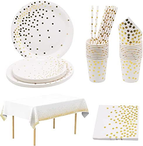 VicBou 20 Guests Party Tableware Set, Included Party Plates Cups and Napkins,Straw,Large Plate, Small Dining Plate,Tablecloth,for Birthday, Weddings,Anniversary Tableware,101 Pcs,White and Golden