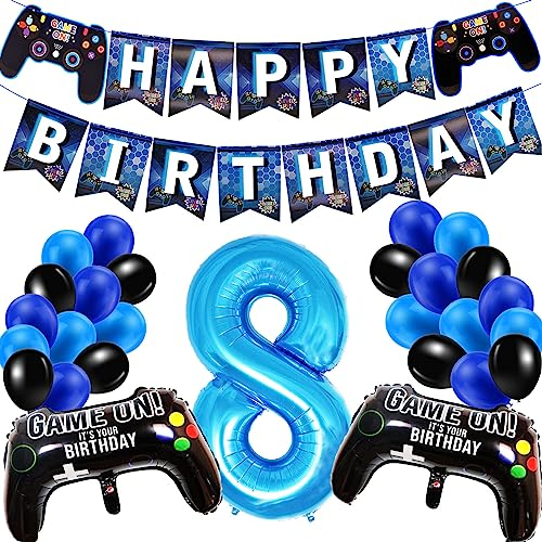 Geburtstagsdeko Jungen 8 Jahre, Gamer Deko Geburtstag Luftballons 8 Junge, Happy Birthday Banner 8 Deko Junge, Gamecontroller Luftballons Schwarz Blaue Ballons Set für Kinder Videospiel Party Zubehör