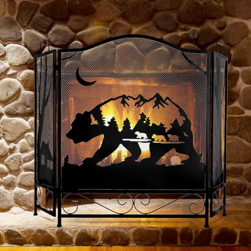 IRONWALLS 3-Panel Klappkamin Bildschirm, dekorativ, 120,9 x 79,8 cm, Metall, Bär, Kamin, Kamin, Kamin, Tor, Zaun, Funkenschutz, kindersicher, robuster Kamin, schwarz, für Zuhause, Bauernhaus
