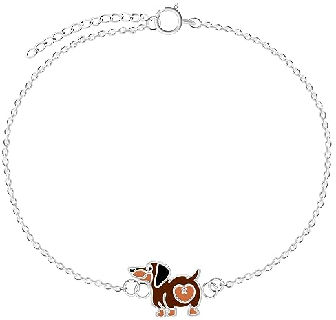 LOVE YOUR CITY Armband Hund, kleiner Dackel mit Herz. Perfekte Geschenke für Mädchen, Kinder. Hochwertiger Kinderschmuck aus Sterling Silber mit Emaille. 14 bis 17cm verstellbar.