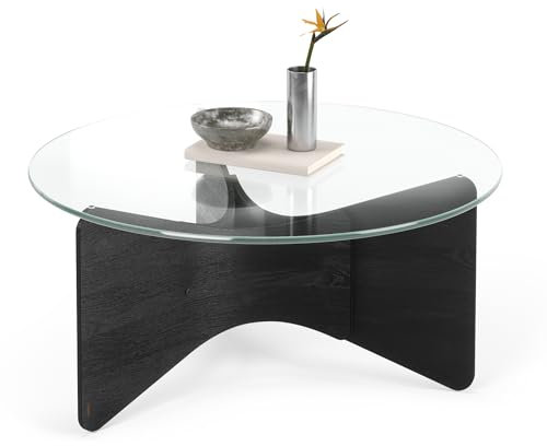 Umbra Madera Couchtisch, Runder Wohnzimmertisch aus Holz und Glas, Zwart, 89 cm