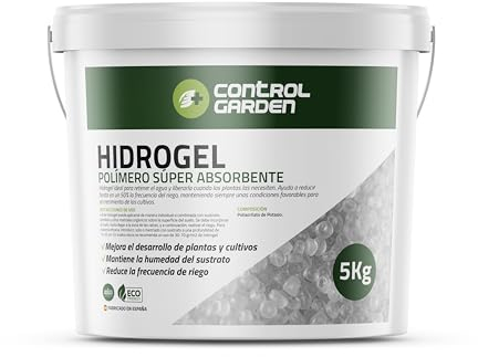 GROWMANIA.ES Control Garden Hidrogel Retenedor de Agua para Plantas y Cultivos 5 KG | Agua Sólida para Riego de Interior y Exterior | Polímero Súper Absorbente Retenedor de Lluvia hasta 1500 L