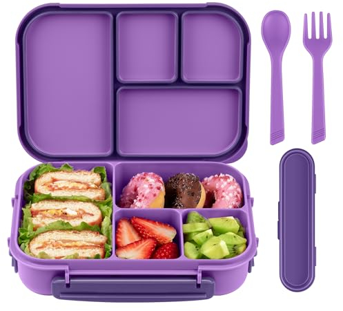 Amathley Brotdose Kinder Mit FäChern,Bento Box Kinder,Brotdose Erwachsene,1200ml Lunchbox Mit 4 FäChern Und Besteck,Mikrowellen Und SpüLmaschinenfest,BPA-Frei Und Wiederverwendbar (Lila)