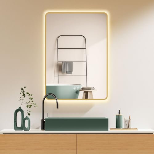 HOKO Anti-Fog LED Badspiegel 100x70 cm / 70x100 cm Ohio mit Goldener Metallrahmen, HOCH+QUER Montage Flurspiegel. Touch Sensor,Memory, Licht Wechsel 2700-6500K, Warmweiß-Kaltweiß-Neutral