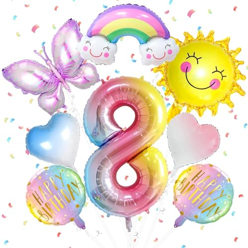 8 Stück 8 Jahre Schmetterlinge Luftballons Geburtstagsdeko mit Band 8 Jahre Mädchen Folienballon Sonne Schmetterling Ballon Kindergeburtstag Deko Happy Birthday Decorations Themenparty Dekoration
