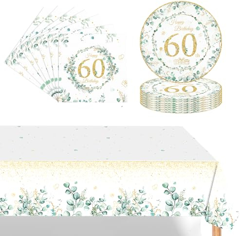 POPOYU 37Pcs Sage Green 60th Birthday Tableware Set,60th Birthday Plates and Napkins,60th birthday table cloth,Eucalyptus Table Decorations for Men,Women,Him,Her 60thbirthday Gifts Party Supplies