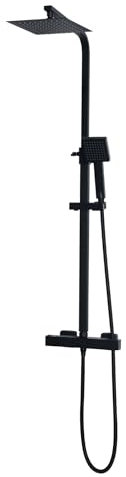 Beerwell Thermostatic Shower Set,Adjustable Height Shower Mixer Set for Bathroom with Square Rainfall Shower and Multi-Function Handheld Shower System (Black-Square)