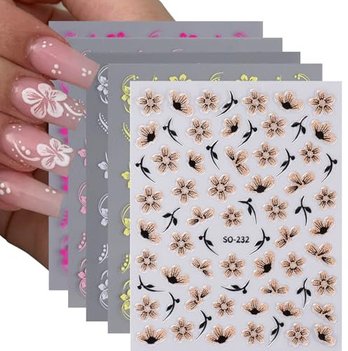 Zernblend 5PCS Hibiskus Blumen Nail Art Sticker, Hawaiianische Nail Decals, 3D Blumen Aufkleber, Selbstklebende Sommer Maniküre Schieber