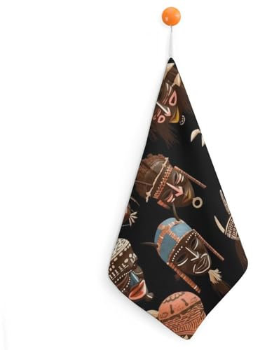 QWNMD Mikrofaser-Handtücher, kleine Handtücher mit Aufhängeschlaufe, saugfähig, weich, kleines Hängetuch, afrikanisches Ritual, ethnisch, Tribal, bedruckt, kleiner quadratischer Schal für den Einsatz