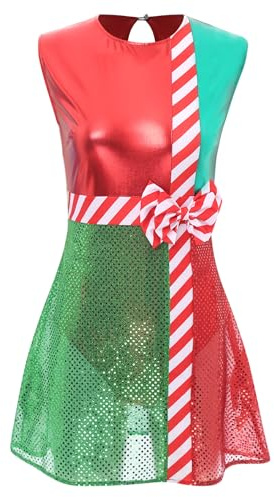 Kvysinly Damen Metallic Glänzend Pailletten Weihnachtskleid mit Safe Briefs Ärmellos Schleife Tanzkleid Zuckerstange Kostüm Weihnachts Outfit