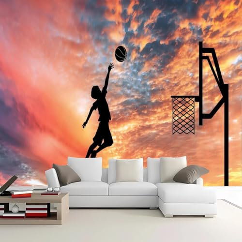 ciel coucher de soleil Peintures Papier Peint Soie,Slam dunk d'athlète de garçon,Papier Peint 3D Géant Salon,Chambre,Salle à Manger,Chambre d'Enfant Décoration Murale,350x245cm