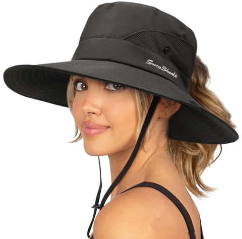 DRESHOW Damen Sonnenhut Outdoor UV-Schutz Hut faltbar Mesh breite Krempe Angeln Pferdeschwanz Strand Eimer Hüte