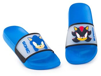 Sonic The Hedgehog Kids Blaue Slider | Freizeitschuhe mit Sonic & Shadow | Charaktergesichter-Cartoon-Slip-On-Schuhe | Bequeme Sommersandalen | Lässige Accessoires für Jungen
