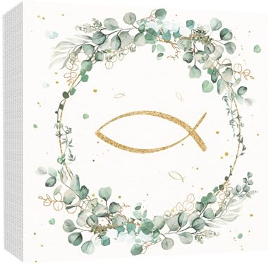 60Pcs Servietten Taufe Servietten Hochzeit Kommunion Tischservietten 2 Lagige Frühling Blumenkranz mit Fisch Eukalyptus Muster für Kommunion Taufe Hochzeit Gartenparty Geburtstag Ostern Taufe,33×33cm