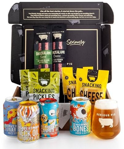 Beavertown and Serious Pig Beer & Snacks Gift Set, 4 Craft Beers with Glassware and Gourmet Snacks
