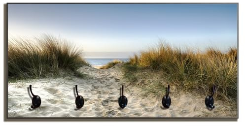 Wallario Wandgarderobe aus Holz in Größe 80 x 40 cm in Premium-Qualität, Motiv: Weg durch die Dünen zum Strand am Meer | 5 Kleiderhaken zum Aufhängen