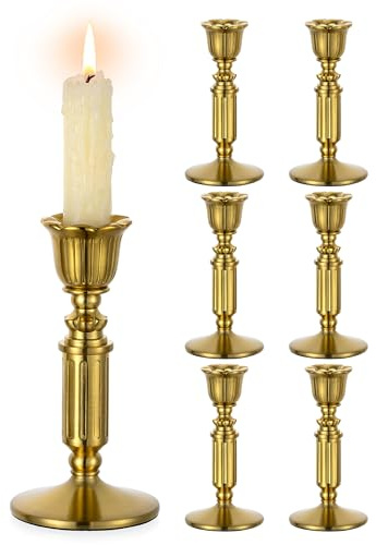 Romadedi Vintage Kerzenständer für Stabkerzen, 6er-Pack, Gold,14cm | Antike Messingoptik; Für Esstisch, Wohnzimmer, Hochzeit, Weihnachten und Adventsdekoration