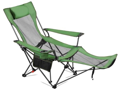 VEVOR Chaise de Camping Pliante, 4 Positions Réglables, Chaise Longue Inclinable Portable pour Adultes, avec Repose-Pieds, Appui-tête, Tissu Maille, Capacité Charge 100 kg, pour Plage, Terrasse, Vert