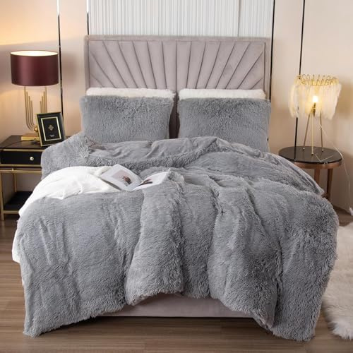 EMME Plüsch Bettwäsche Set 220x240cm, Hellgrau | Biber Flauschige Bettdecke Set für Bett Shaggy und Plüsch weiche Bettwäsche Bettbezüge und 2 Kissenbezug 80x80cm