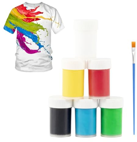 Mikiuly Peinture Textile 6 Couleurs, Peintures pour Textiles Non Toxique, Lot Acryliques pour Tissu et Cuir, avec Pinceaux, pour Peindre Vêtements, T-shirts, Sacs, Chaussures, pour Enfant et Adulte