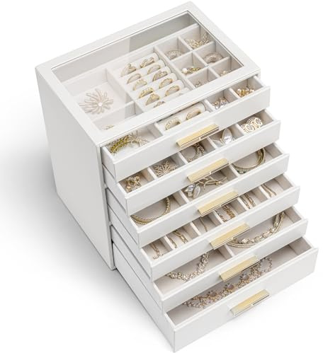 VLANDO Schmuckkästchen Groß,Schmuckaufbewahrung mit 6 Ebenen,PU leader | Schmuck Organizer für Halsketten, Ohrringe, Uhren, Armbänder,Wohndekoration, Geschenk für Damen,Weiß