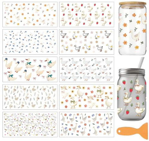 arricraft 10 Blätter Goose Duck Thema UV DTF Tasse Transfer Aufkleber | 24x11cm Wasserfest Rub On Sticker Möbelfolie Selbstklebend für DIY Kunsthandwerk Becher, Flaschen, 16oz Glas, Möbel