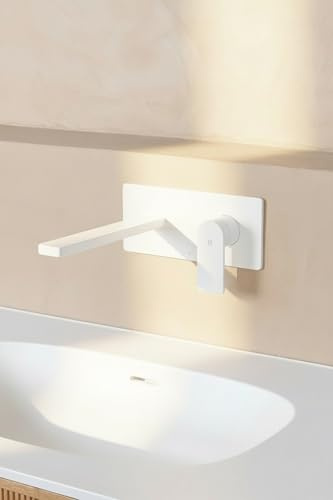 Mitigeur de lavabo encastré corps en inox HORACE cartouche céramique Ø35 blanc mat BASS aérateur économie d'eau 5L/min | boitier mitigeur encastré profondeur ajustable | plaque de finition