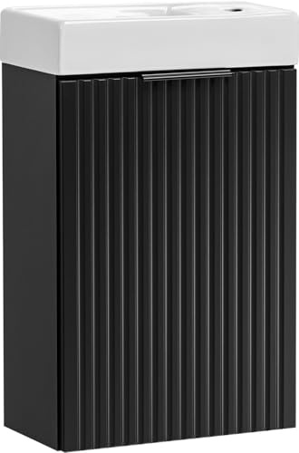 WFL GROUP Waschtischunterschrank mit Integriertem Keramik-Waschbecken – Wandhängend, Geriffelte Soft-Close-Schubladen, Rillenfronten in Schwarz Matt – 40 cm Breit