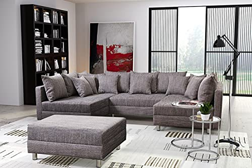 Kuechen-preisbombe Wohnlandschaft Sofa Couch Ecksofa Eckcouch in Gewebestoff hellgrau Minsk XXL
