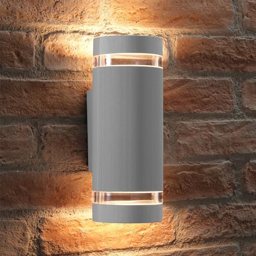 Auraglow Indoor/Outdoor Double Up & Down Wall Light - Silver - Warm White LED Bulbs Included