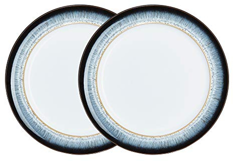 Denby - Juego de 2 platos de cena Halo – Vajilla de cerámica con esmalte reactivo apto para lavavajillas y microondas, 28 cm, color negro, gris, blanco, resistente a astillas y grietas