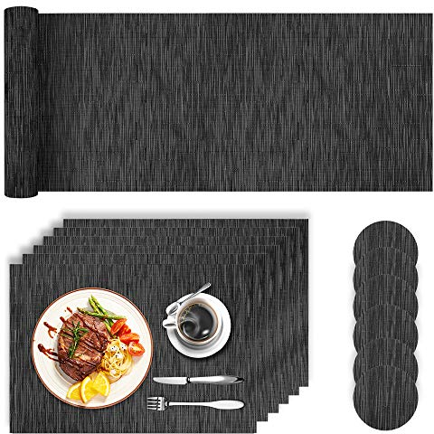HEYOMART Placemats and Coasters Sets of 6, with 6 x Placemats + 6 x Coasters + 1 x Long Runner Non-Slip Heat Resistant Washable Place Mats for Kitchen Dining Table Home Restaurant, Black