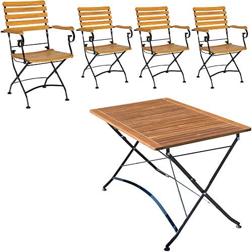 acamp Gartenmöbel Set Lindau | 5-TLG. | 4 Klappsessel 56x58x89cm | 1 Klapptisch 120x80x75cm | Flacheisen und FSC®-zertifiziertes, geöltes Holz (Akazie) | Teak | Sitzgarnitur Garten