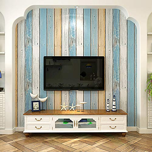 Papier peint non tissé de style méditerranéen imitation grain de bois bleu à rayures verticales pour chambre à coucher, canapé, fond TV, décoration murale de boutique, 1.73 'Wx32.8' L Non Encollé