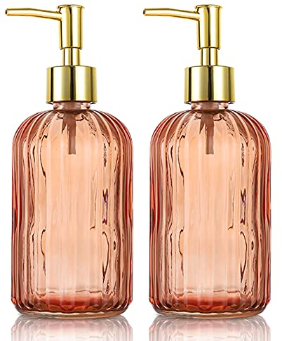 HOHAOO Glas-Seifenspender-Flasche mit Pumpe, 500 ml, tropffreie Edelstahl-Pumpflasche, nachfüllbarer Flüssigkeits-Handdosenspender für Badezimmer,(2 Stück) Bernsteinfarben 14 Oz
