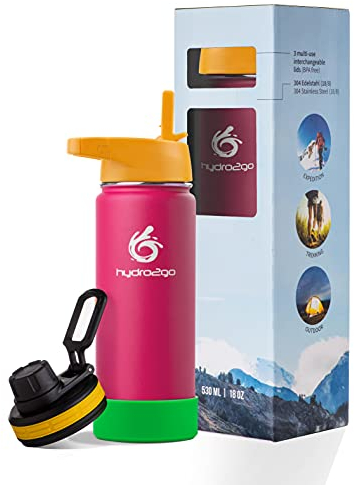 hydro2go Kinder Edelstahl Trinkflasche - 100% Auslaufsicher, BPA-frei mit 2 Deckeln (Strohhalm und Sportverschluss) - Isolatiebeker für Kinder (Pink) - 530ml